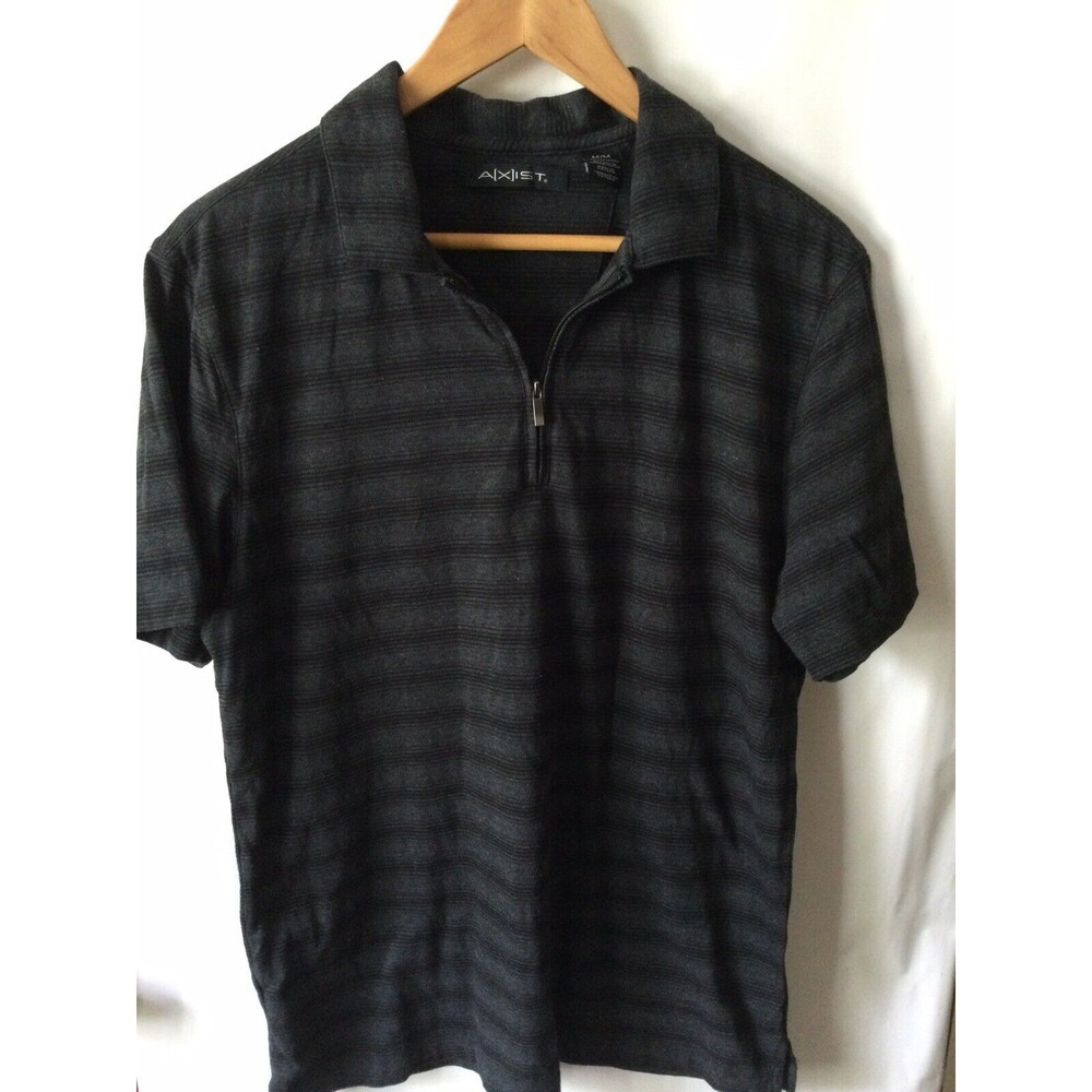 AXIST Men's Polo Shirt Gray Black Striped Size M Cotton Blend Short Sleeve